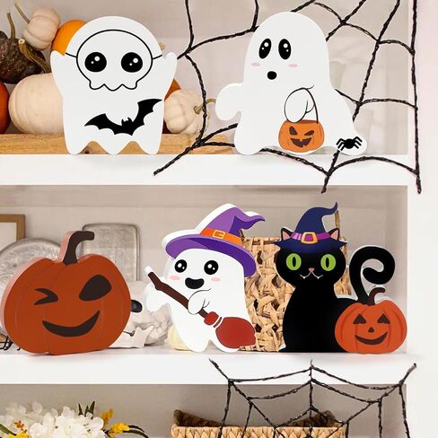 5 PCS Halloween Table Decor,Cute Halloween Decorations Indoor,Wooden Tiered Tray Decor Table Sign,Spooky Ghost Decorations,Black Cat,Witch Broom Signs,Bats,Pumpkin Blocks for Party Home Shelf Display in Saudi Arabia