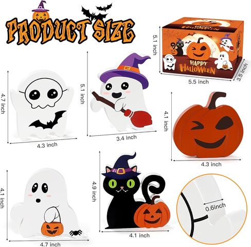 5 PCS Halloween Table Decor,Cute Halloween Decorations Indoor,Wooden Tiered Tray Decor Table Sign,Spooky Ghost Decorations,Black Cat,Witch Broom Signs,Bats,Pumpkin Blocks for Party Home Shelf Display in Saudi Arabia