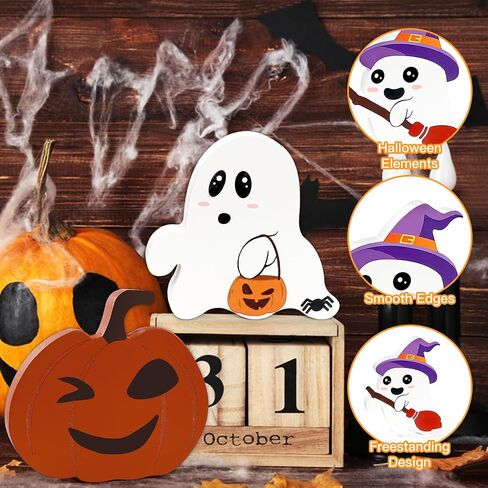 5 PCS Halloween Table Decor,Cute Halloween Decorations Indoor,Wooden Tiered Tray Decor Table Sign,Spooky Ghost Decorations,Black Cat,Witch Broom Signs,Bats,Pumpkin Blocks for Party Home Shelf Display in Saudi Arabia