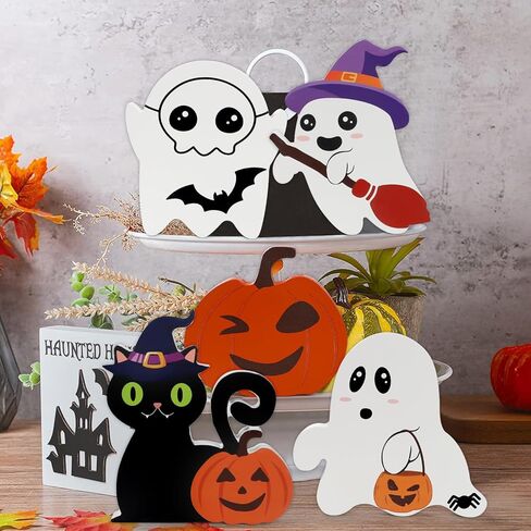 5 PCS Halloween Table Decor,Cute Halloween Decorations Indoor,Wooden Tiered Tray Decor Table Sign,Spooky Ghost Decorations,Black Cat,Witch Broom Signs,Bats,Pumpkin Blocks for Party Home Shelf Display in Saudi Arabia
