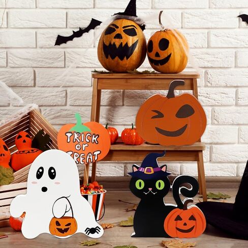 5 PCS Halloween Table Decor,Cute Halloween Decorations Indoor,Wooden Tiered Tray Decor Table Sign,Spooky Ghost Decorations,Black Cat,Witch Broom Signs,Bats,Pumpkin Blocks for Party Home Shelf Display in Saudi Arabia