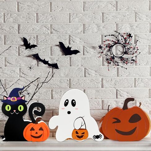 5 PCS Halloween Table Decor,Cute Halloween Decorations Indoor,Wooden Tiered Tray Decor Table Sign,Spooky Ghost Decorations,Black Cat,Witch Broom Signs,Bats,Pumpkin Blocks for Party Home Shelf Display in Saudi Arabia