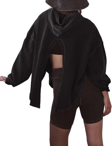 Women Open Back Workout Hooded Sweatshirt Oversized Long Sleeve Side Slit Athletic Shirt Flowy Hoodie Top Activewear in Saudi Arabia