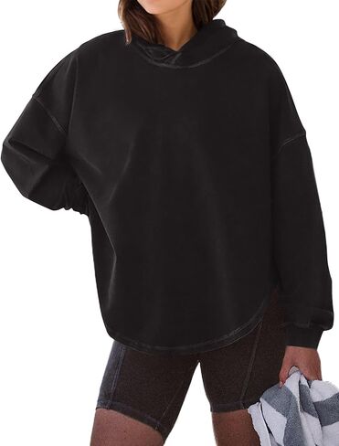 Women Open Back Workout Hooded Sweatshirt Oversized Long Sleeve Side Slit Athletic Shirt Flowy Hoodie Top Activewear in Saudi Arabia