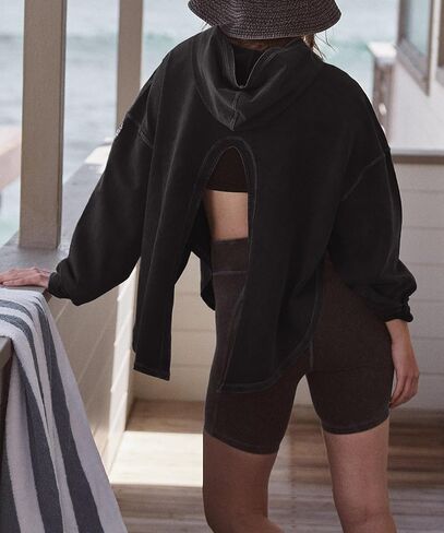 Women Open Back Workout Hooded Sweatshirt Oversized Long Sleeve Side Slit Athletic Shirt Flowy Hoodie Top Activewear in Saudi Arabia
