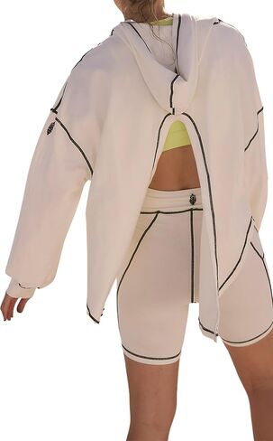 Women Open Back Workout Hooded Sweatshirt Oversized Long Sleeve Side Slit Athletic Shirt Flowy Hoodie Top Activewear in Saudi Arabia