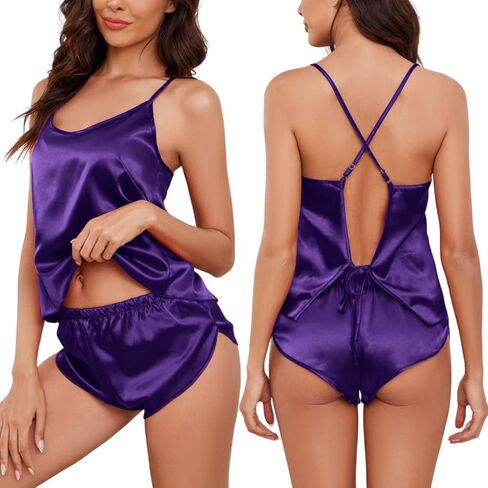 بيجامة من الساتان للنساء مكونة من قطعتين من الملابس الداخلية، طقم ملابس داخلية من الحرير Pj Cami بأشرطة خلفية وسروال قصير in Kuwait