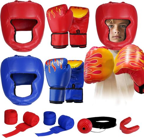 مجموعة ملاكمة للأطفال 13 قطعة تتضمن قفازات الملاكمة وأغطية الرأس وكرة الملاكمة وعصابة الرأس وخوذة الملاكمة وأغطية اليد الرياضية وواقي الفم معدات الملاكمة التايكوندو للأطفال من سن 6 إلى 18 عامًا in Kuwait