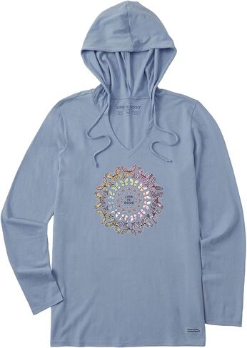 Life is Good - Womens Tie Dye Butterfly Daisy Mandala Long Sleeve T-Shirt, Color Stone Blue, Size: X-Large in Saudi Arabia