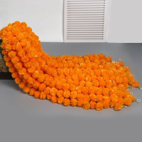 Marigold Garland for Decoration,10pcs-5 ft Long Orange Artificial Marigold Flowers Garland Wedding Parties Diwali Indian Décor for Pooja Theme Home Day of The Dead Altar Dia de Muertos ofrendas Decor in Saudi Arabia