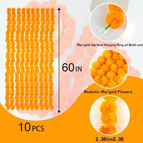 Marigold Garland for Decoration,10pcs-5 ft Long Orange Artificial Marigold Flowers Garland Wedding Parties Diwali Indian Décor for Pooja Theme Home Day of The Dead Altar Dia de Muertos ofrendas Decor in Saudi Arabia