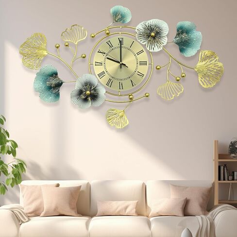 33 inch Clocks for Living Room, Large Wall Clock, 3D Decorations Metal Ginkgo Leaf Design Silent Movement Wall Clocks for Home Wall Decor Clock in Saudi Arabia