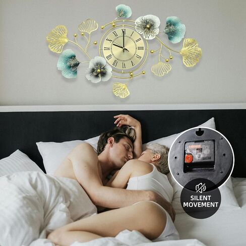 33 inch Clocks for Living Room, Large Wall Clock, 3D Decorations Metal Ginkgo Leaf Design Silent Movement Wall Clocks for Home Wall Decor Clock in Saudi Arabia