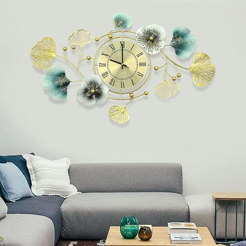 33 inch Clocks for Living Room, Large Wall Clock, 3D Decorations Metal Ginkgo Leaf Design Silent Movement Wall Clocks for Home Wall Decor Clock in Saudi Arabia