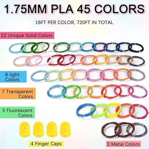 3D Pen Filament Refills 45 Colors, 16 Ft Per Color Total 720 Ft 1.75mm PLA 3D Doodler Pen Refills for Create Model Art with 4 Finger Caps Compatible with Most 3D Printing Pens in Saudi Arabia