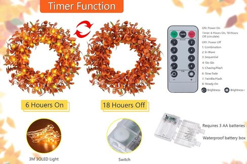 XHXSTORE 22 "أكاليل الخريف للباب الأمامي مع 30 أضواء LED دافئة إكليل الأوكالبتوس الصناعي مع التوت إكليل باب الخريف للمنزل المزرعة داخلي وخارجي نافذة ديكور جدار النافذة in Saudi Arabia