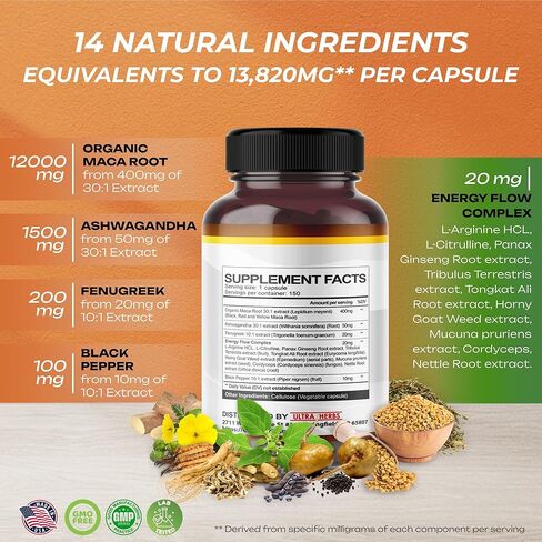 Peruana Maca Root Black, Red, Yellow 17,700mg | Maca Root Capsules Enhanced with Ginseng, Ashwagandha, Fenugreek | Support Stamina, Performance & Mood | 150 Capsules in Saudi Arabia