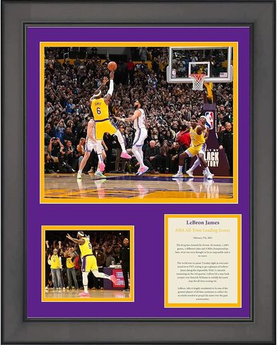 HOFSM.COM تذكارات رياضية مؤطرة من Hall of Fame ليبرون جيمس الدوري الاميركي للمحترفين على الإطلاق، هداف لوس أنجلوس ليكرز لكرة السلة، 11 بوصة × 14 بوصة، ثلاث صور مجمعة in Kuwait