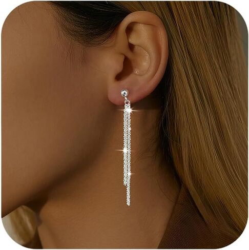925 Sterling Silver Tassel Chain Dangle Earrings for Women Sparkling Long Fringe Dangle Drop Earrings Bling Line Minimalist Wedding Studs Earring Jewelry Birthday Graduation Gifts for Her in Kuwait