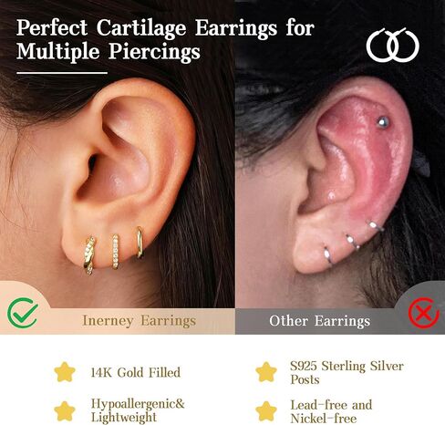 مجموعة أقراط دائرية ذهبية للنساء، أقراط هوجي صغيرة أنيقة عيار 14 قيراط لمجوهرات متعددة خفيفة الوزن لا تسبب الحساسية، أقراط غضروف مكعبة مزدوجة ملتوية عصرية للفتيات المراهقات 3 أزواج in Kuwait