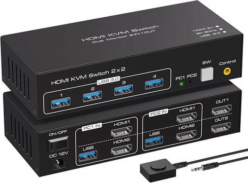 8K Displayport KVM Switch 3 Monitors 2 Computers 4K 120Hz DP KVM Switches Triple Monitor for 2 PC Share 4 USB 3.0 Ports Support Extended & Copy Display Mode Wired Controller & 12V Adapter in Saudi Arabia