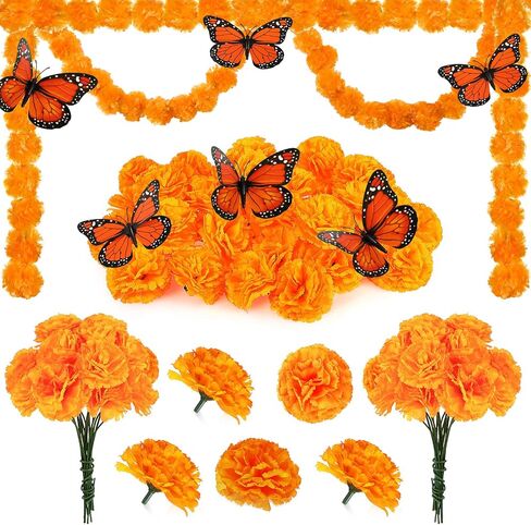 38 Pcs Day of the Dead Decorations Set 2 Pcs Artificial Marigold Garland 30 Pcs Fake Marigold Flowers with Stems 6 Pcs Monarch Butterfly Decoration for Dia De Los Muertos Diwali Decor (Orange) in Saudi Arabia