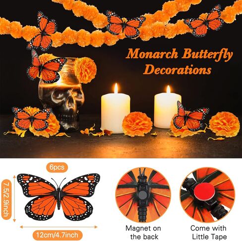38 Pcs Day of the Dead Decorations Set 2 Pcs Artificial Marigold Garland 30 Pcs Fake Marigold Flowers with Stems 6 Pcs Monarch Butterfly Decoration for Dia De Los Muertos Diwali Decor (Orange) in Saudi Arabia