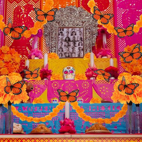 38 Pcs Day of the Dead Decorations Set 2 Pcs Artificial Marigold Garland 30 Pcs Fake Marigold Flowers with Stems 6 Pcs Monarch Butterfly Decoration for Dia De Los Muertos Diwali Decor (Orange) in Saudi Arabia