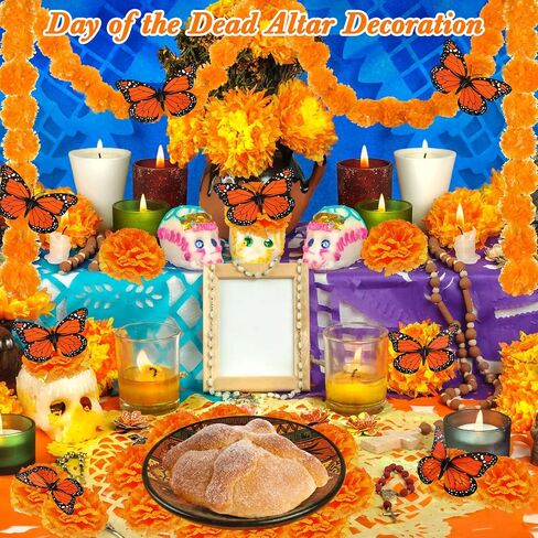 38 Pcs Day of the Dead Decorations Set 2 Pcs Artificial Marigold Garland 30 Pcs Fake Marigold Flowers with Stems 6 Pcs Monarch Butterfly Decoration for Dia De Los Muertos Diwali Decor (Orange) in Saudi Arabia