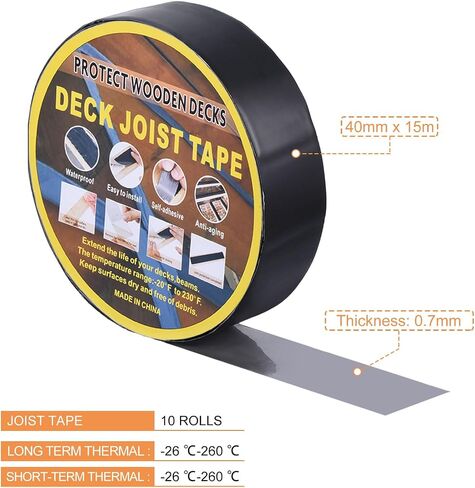 شريط uxcell Deck Joist مقاس 1-5/8 بوصة × 49 بوصة، 10 لفات شريط بوتيل للتزيين، شريط وامض مقاوم للماء لروافد الخشب والعوارض باللون الأسود in Saudi Arabia