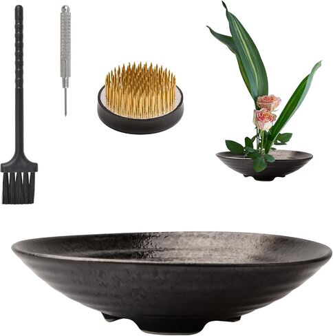 WANDIC Large Size Threaded Flower Arrangement Supplies, 3-Legged Round Bowl & 7cm Floral Frog for Ikebana Black Ceramic Floral Vase Plant Arranging in Saudi Arabia