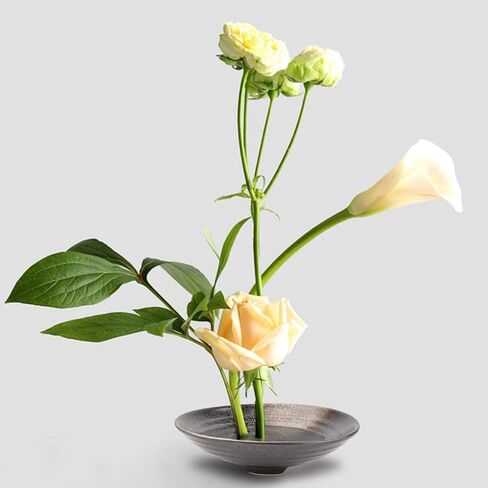 WANDIC Large Size Threaded Flower Arrangement Supplies, 3-Legged Round Bowl & 7cm Floral Frog for Ikebana Black Ceramic Floral Vase Plant Arranging in Saudi Arabia
