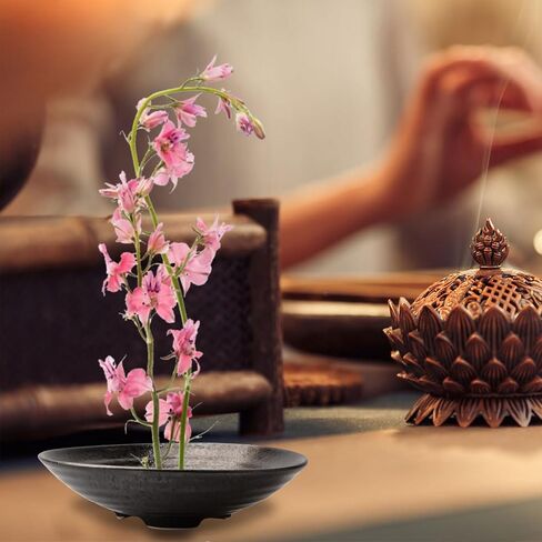 WANDIC Large Size Threaded Flower Arrangement Supplies, 3-Legged Round Bowl & 7cm Floral Frog for Ikebana Black Ceramic Floral Vase Plant Arranging in Saudi Arabia