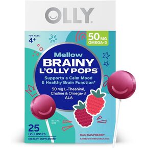 OLLY Mellow Buddies L’OLLY Pops, Omega-3 ALA, L-Theanine, Choline, Kids Supplement Lollipops, Supports a Calm Mood & Healthy Brain Function, Vegetarian, Raspberry, 25 Count