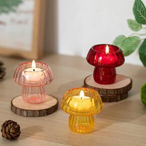 Glasseam Mushroom Glass Candle Holder: Cute Colored Tealight Candle Holder Set of 3 Unique Small Candle Holders for Table Centerpiece Decorative Tea Lights Candle Holder Home Decor