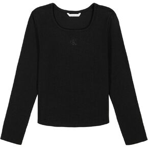 Calvin Klein Girls' Long Sleeve Logo Design Crewneck T-Shirt, White Vertical