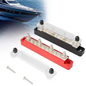RED WOLF 150A 12V Bus Bar with Cover, 4 x 1/4" (M6) 6 x #8 (M4) Studs Power Distribution Terminal Block 48V DC Car Boat Marine Solar System (Black+Red)