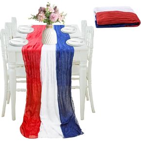 4th of July Cheesecloth Table Runner, Vintage Red White and Blue Table Runner for Memorial Day Labor Day Independence Day Veterans Day Patriotic Party Decoration for Dining Room Indoor Outdoor 118Inch