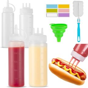 4 Pack Plastic Squeeze Bottles Includs 2 Pack 12oz 3-Hole and 2 Pack 8oz 1-Hole Squirt Condiment Bottles Tomato Sauce Dispensers for Ketchup BBQ Dressing with 6 Chalk Labels, 1 Brush and 1 funnel