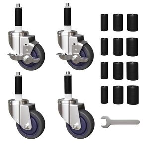 4 inch Expanding Stem Caster Set of 4, Prep Table Casters Fit 7/8" to 1-3/4" ID Tube Pipe Legs for Stainless Steel Table, Equipment Stand, Carts, Wire Shelving Racks (2 with Brakes