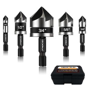 5 Pcs Countersink Drill Bit Set, 82 Degree, 5Flute with 1/4" Quick Change Hex Shank, Sizes 1/4" to 3/4" for Metal, Wood & Plastic, Ideal for Carpentry, Metalwork, Plastic Fabrication