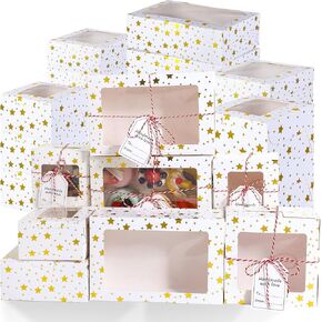 Maxcheck 24 Pcs Christmas Bakery Boxes with Window Cookie Boxes 4/6/9 Inch Gold Foil Star Candy Boxes for Gift Giving White Small Pastry Boxes for Mini Cake Cookie Dessert Cupcakes Donut Packaging