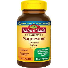 Nature Made High Absorption Magnesium Glycinate 300mg per 3 Capsules, Magnesium Supplement for Muscle, Heart, Nerve and Bone Support, 90 Magnesium Bisglycinate Capsules, 30 Day Supply