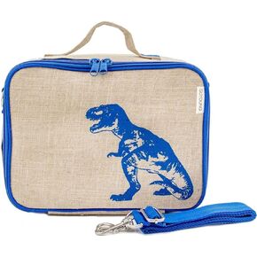 SoYoung Lunch Box - Insulated Lunch Bag for Picnic & Bento Box, Modern Design, Linen/Cotton, Machine Washable, Detachable Strap - Blue Dino