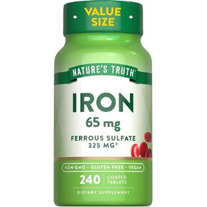 Nature's Truth Iron Tablets 65mg | 240 Count | 325mg Ferrous Sulfate | Vegan, Non-GMO & Gluten Free Supplement