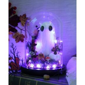 Ghost Halloween Decor, Light Up Ghost in Glass Cloche, Light Up Halloween Decorations Indoor, Cute Ghost with Light for Halloween Gifts Spooky Gift, Goth Gift, Pet Ghost, Desk Buddy