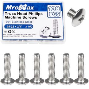 MroMax 100Pcs #8-32 x 3/4" Truss Head Machine Screws, 304 Stainless Steel 18-8, Bright Finish, Full Thread, Phillips Drive