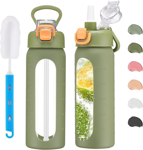 chunmo 20 oz Glass Water Bottle with Straw Reusable Water Bottle with Non-Slip Silicone Sleeve Wide Mouth Leak-Proof for Coffee, Tea and Water,BPA-free, Dishwasher Safe in Saudi Arabia