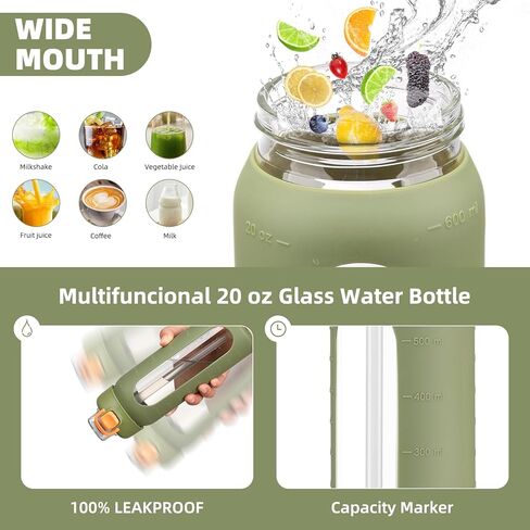chunmo 20 oz Glass Water Bottle with Straw Reusable Water Bottle with Non-Slip Silicone Sleeve Wide Mouth Leak-Proof for Coffee, Tea and Water,BPA-free, Dishwasher Safe in Saudi Arabia