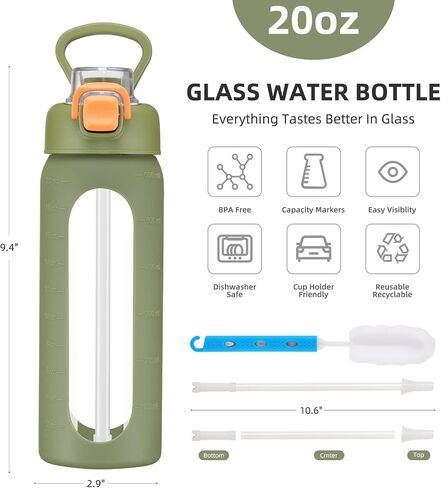 chunmo 20 oz Glass Water Bottle with Straw Reusable Water Bottle with Non-Slip Silicone Sleeve Wide Mouth Leak-Proof for Coffee, Tea and Water,BPA-free, Dishwasher Safe in Saudi Arabia